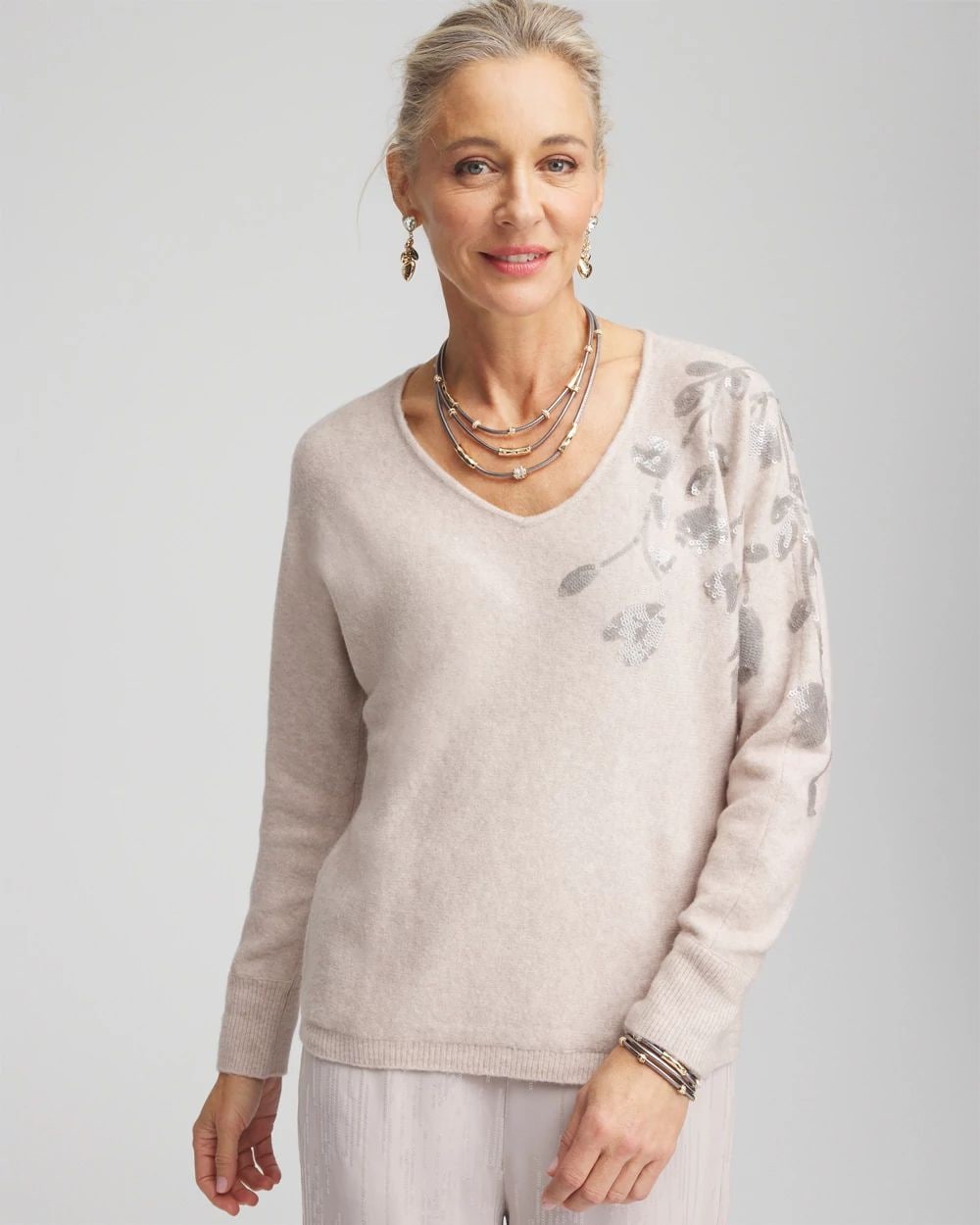 ☆新品未使用☆gypsohila V Neck Sweat Lightgray Women's V-neck Layered Pullover Sweater in Vail Grey with White